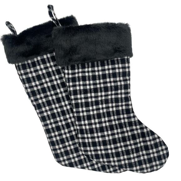 Christmas Stockings x2 Flannel Plaid Black and White Check Faux Fur Trim Holiday - Picture 1 of 9